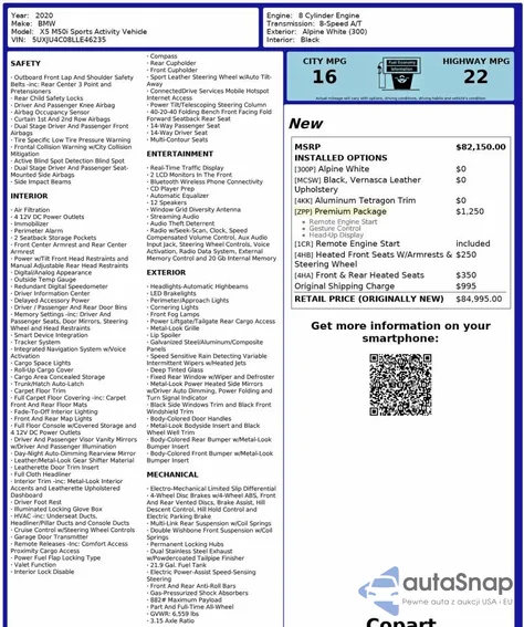 2020 BMW X5 M50I z USA, uszkodzony, nr VIN 5UXJU4C08LLE46235